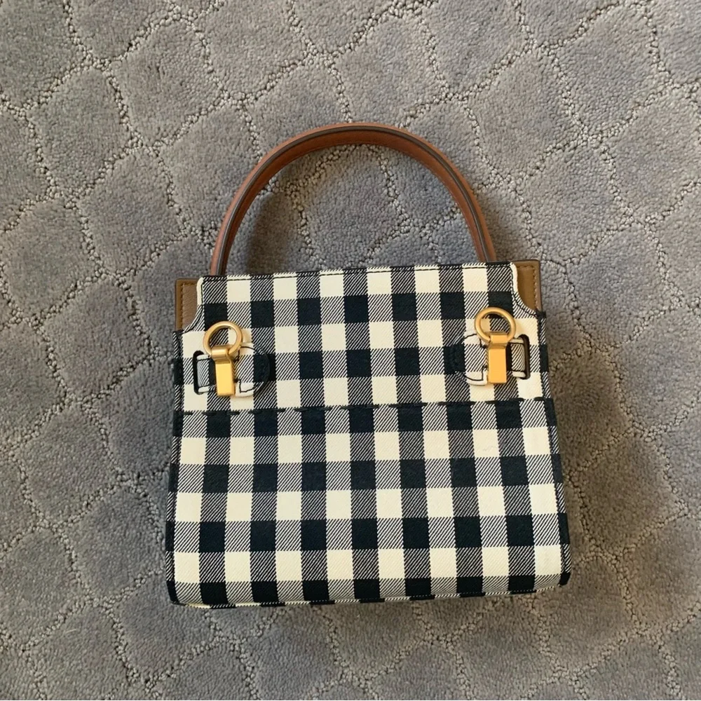 Tory Burch Black & White Gingham Top-Handle Satchel with Brown Trim - Picture 4 of 5